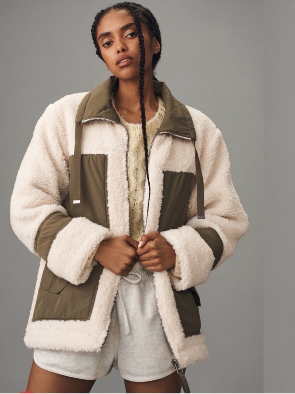 Pilcro Anthropologie Women’s S Sherpa Fleece Jacket Cream Olive Utility Coat